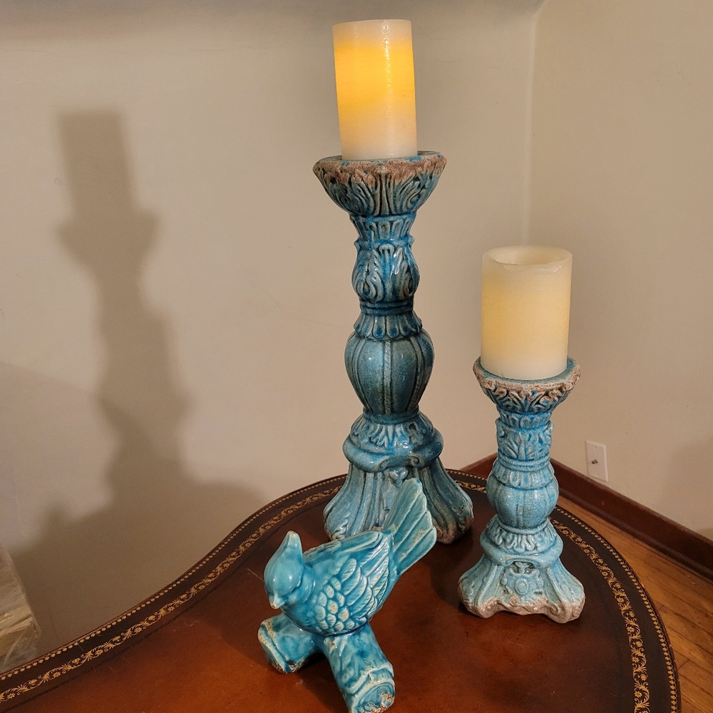 Vintage Blue Candle Holders with Bird Accent